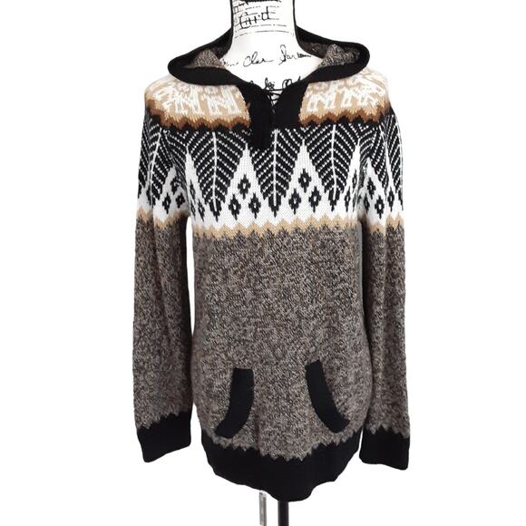 Vintage Peruvian Alpaca Sweater Hooded Pullover Aztec Black Nordic Fair Isle - Picture 1 of 10
